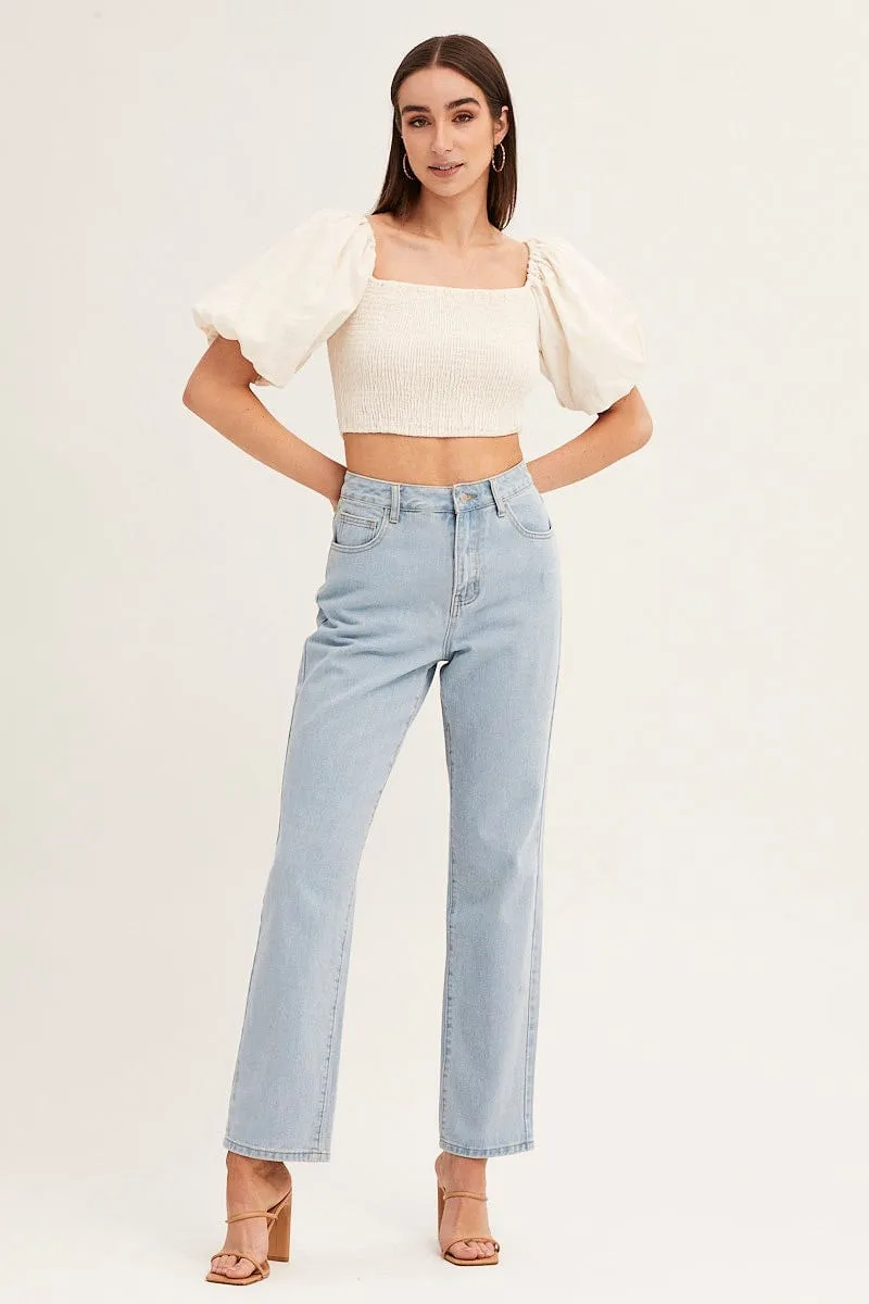 White Linen Blend Half Sleeve Shirred Cropped Top