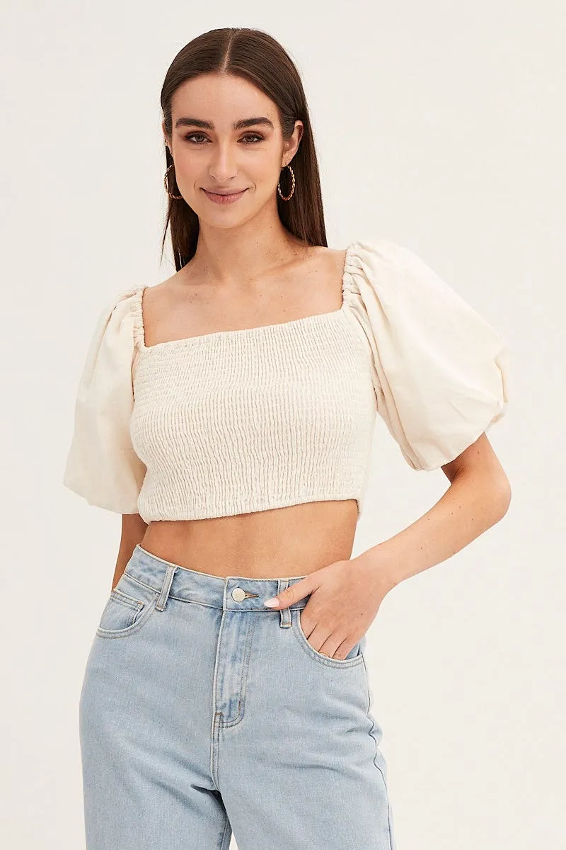 White Linen Blend Half Sleeve Shirred Cropped Top