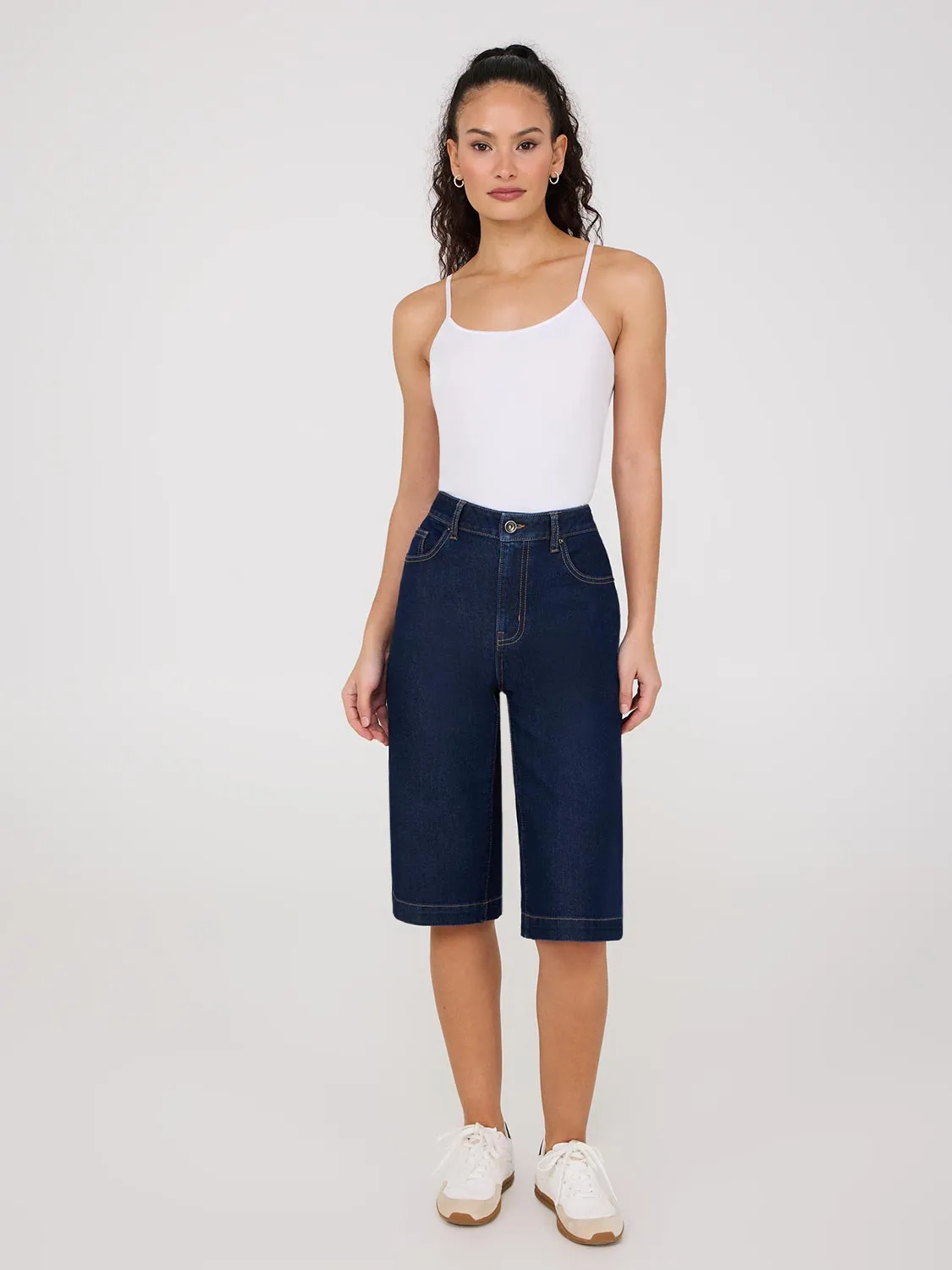 Wide-Leg Denim Bermuda Shorts