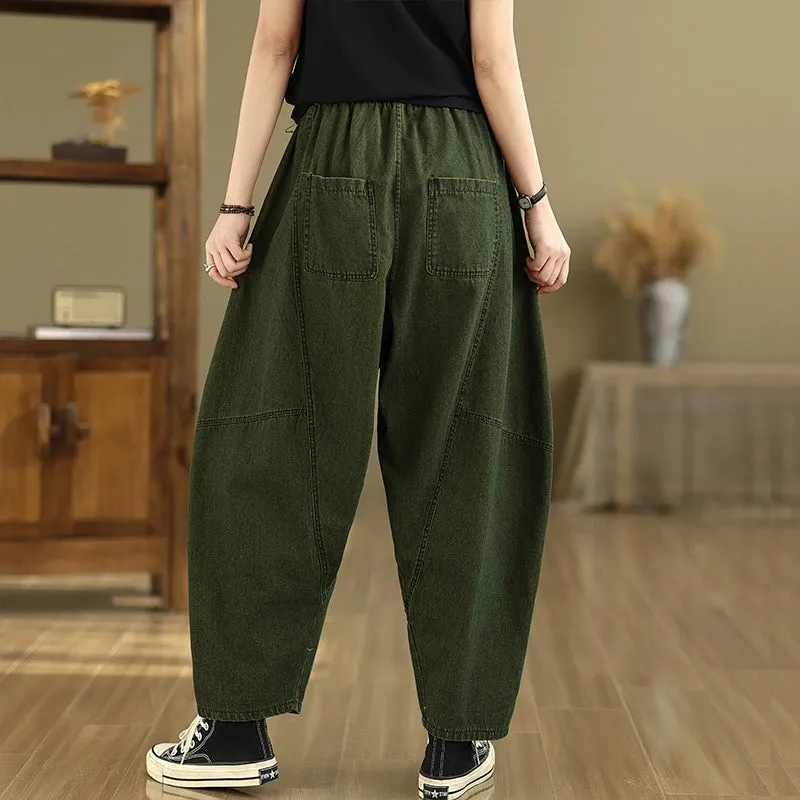 Women Spring Retro Cotton Denim Patchwork Harem Pants