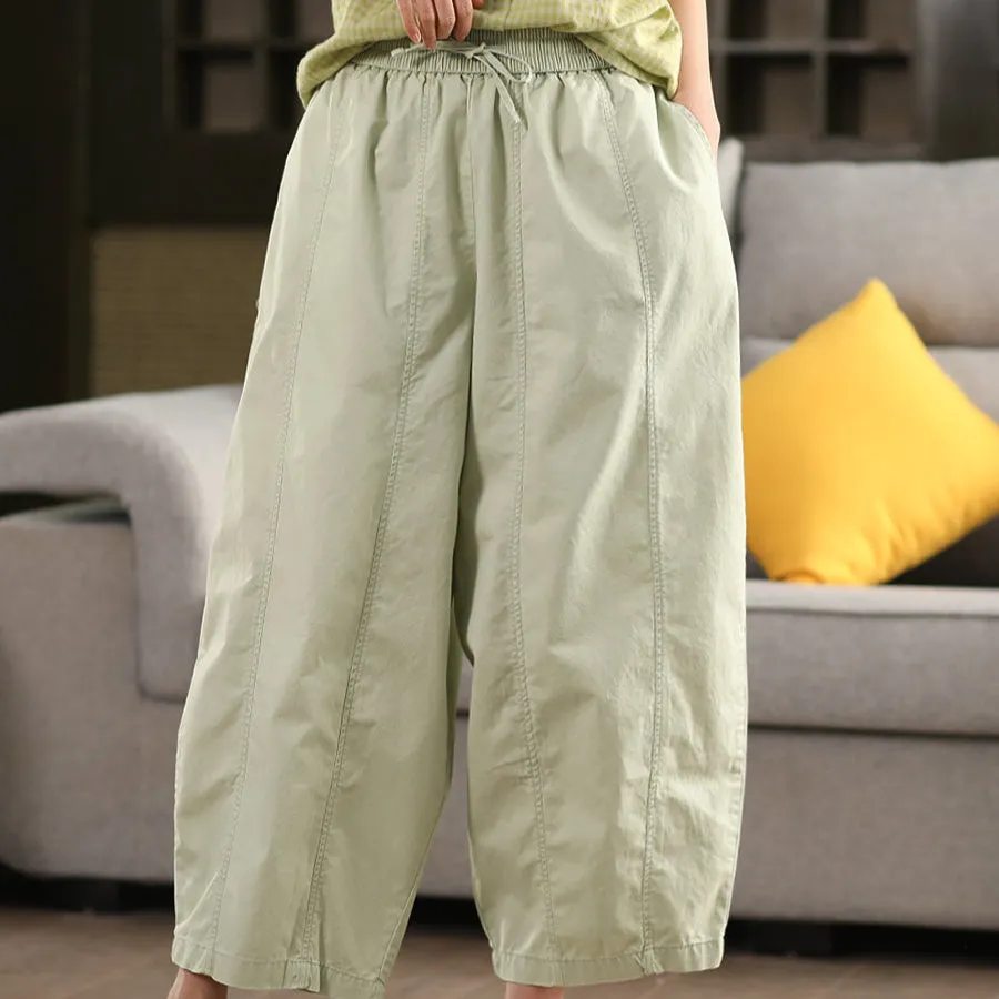 Women Spring Retro Cotton Solid Color Casual Harem Pants