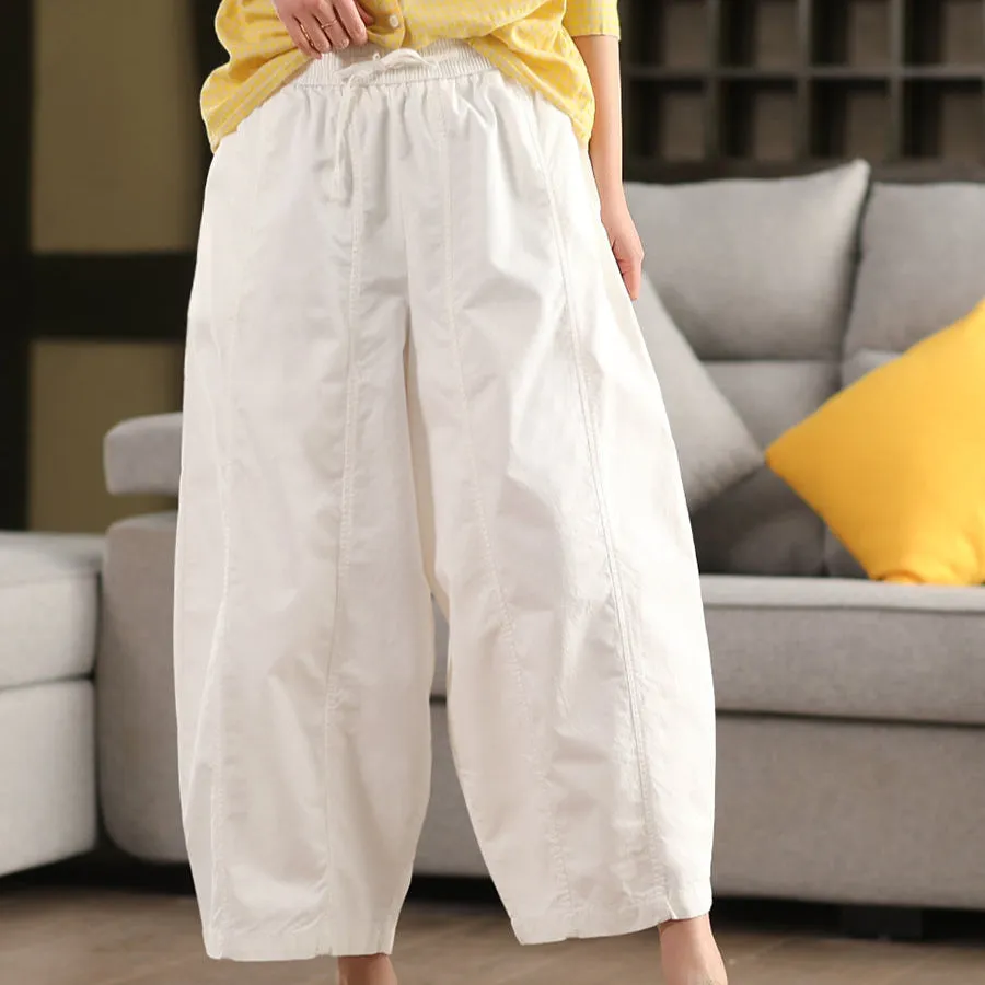 Women Spring Retro Cotton Solid Color Casual Harem Pants