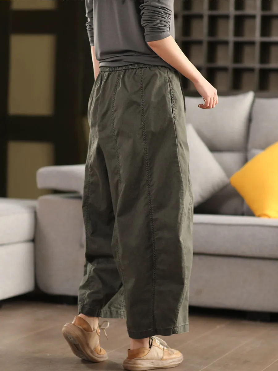 Women Spring Retro Cotton Solid Color Casual Harem Pants