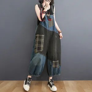 Women Spring Retro Denim Patchwork Plaid Casual Loose Jumpsuit