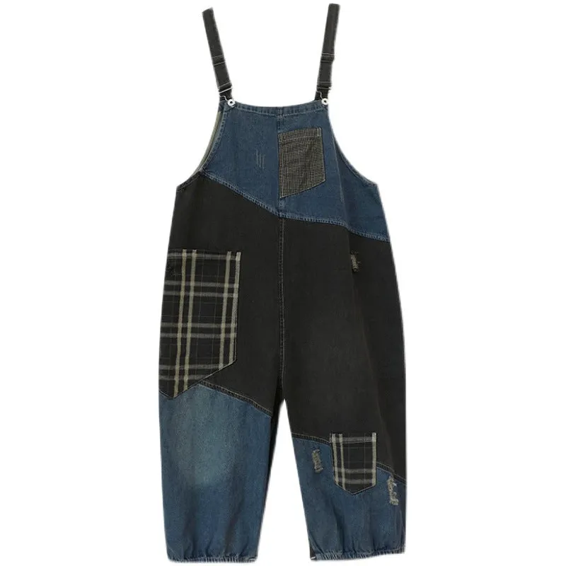 Women Spring Retro Denim Patchwork Plaid Casual Loose Jumpsuit
