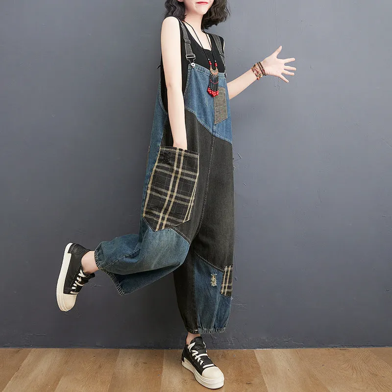 Women Spring Retro Denim Patchwork Plaid Casual Loose Jumpsuit
