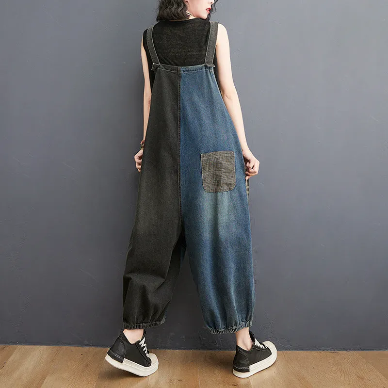 Women Spring Retro Denim Patchwork Plaid Casual Loose Jumpsuit