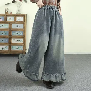Women Spring Retro Denim Ruffled Wide-Leg Pants