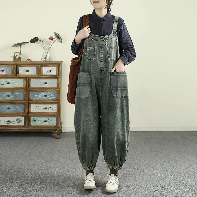 Women Spring Vintage Cotton Denim Patchwork Loose Jumpsuit