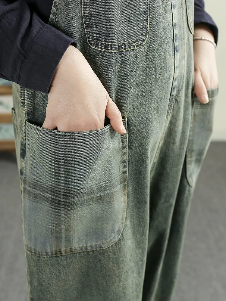 Women Spring Vintage Cotton Denim Patchwork Loose Jumpsuit