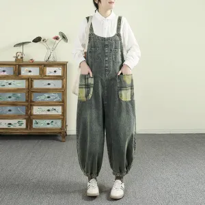 Women Spring Vintage Cotton Denim Patchwork Loose Jumpsuit