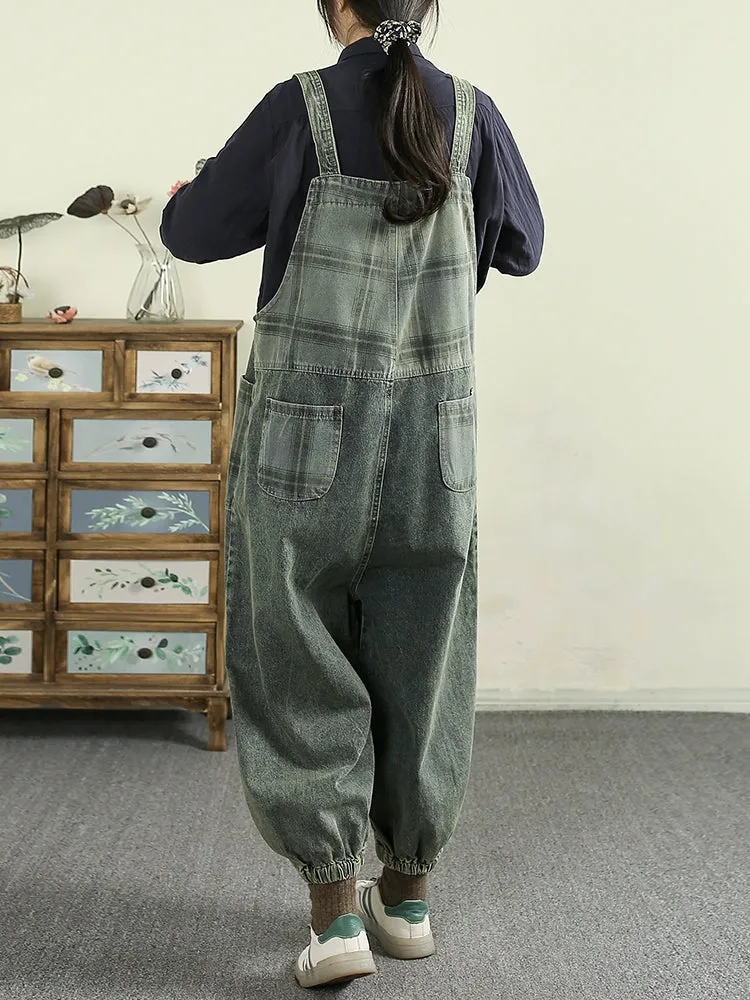 Women Spring Vintage Cotton Denim Patchwork Loose Jumpsuit