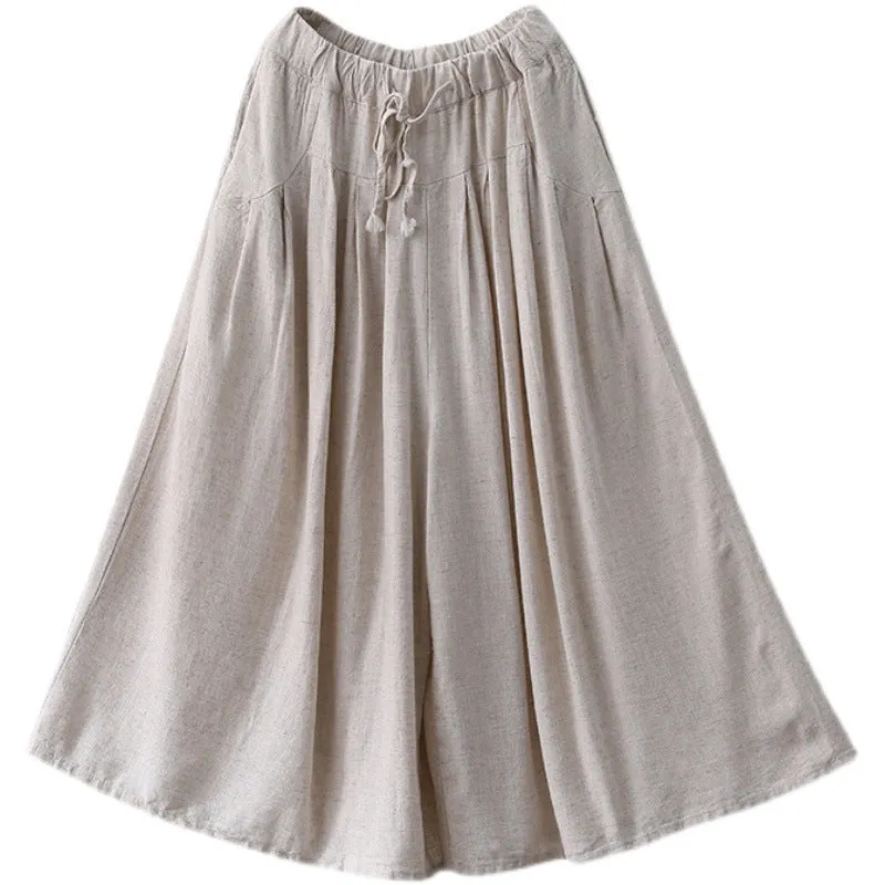 Women Spring Vintage Cotton-Linen Casual Loose Wide-Leg Pants