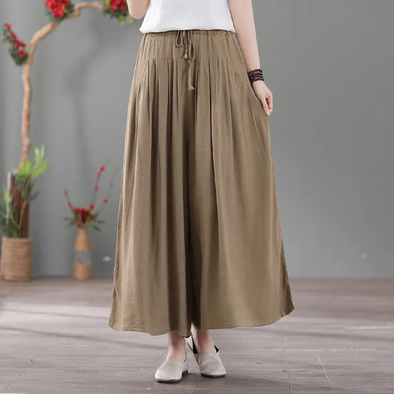Women Spring Vintage Cotton-Linen Casual Loose Wide-Leg Pants