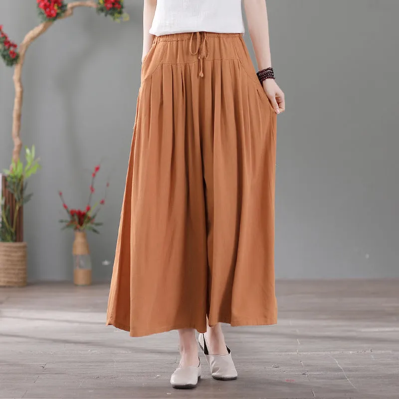 Women Spring Vintage Cotton-Linen Casual Loose Wide-Leg Pants