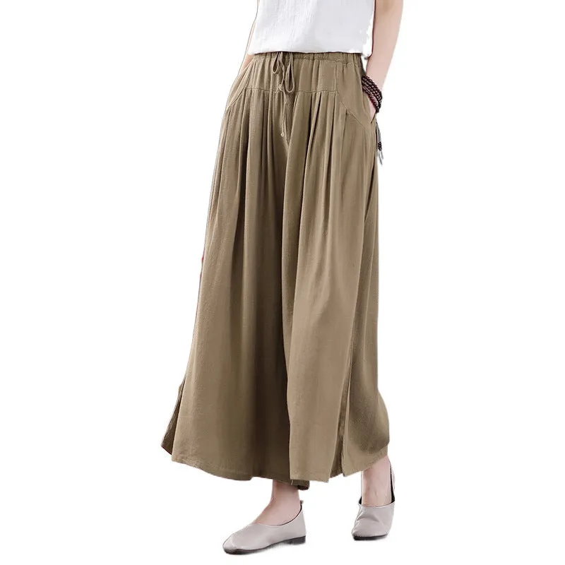 Women Spring Vintage Cotton-Linen Casual Loose Wide-Leg Pants
