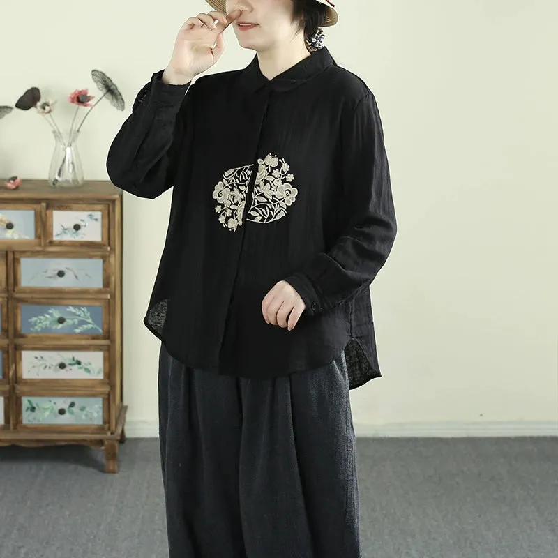 Women Spring Vintage Embroidered Loose Fit Cotton Shirt with Buttons