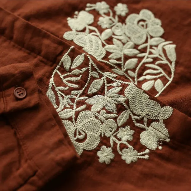 Women Spring Vintage Embroidered Loose Fit Cotton Shirt with Buttons
