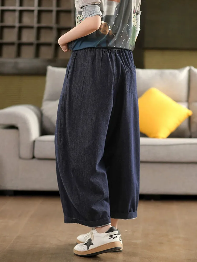 Women Vintage Cotton Loose Fit Denim Trousers Wide Leg Pants