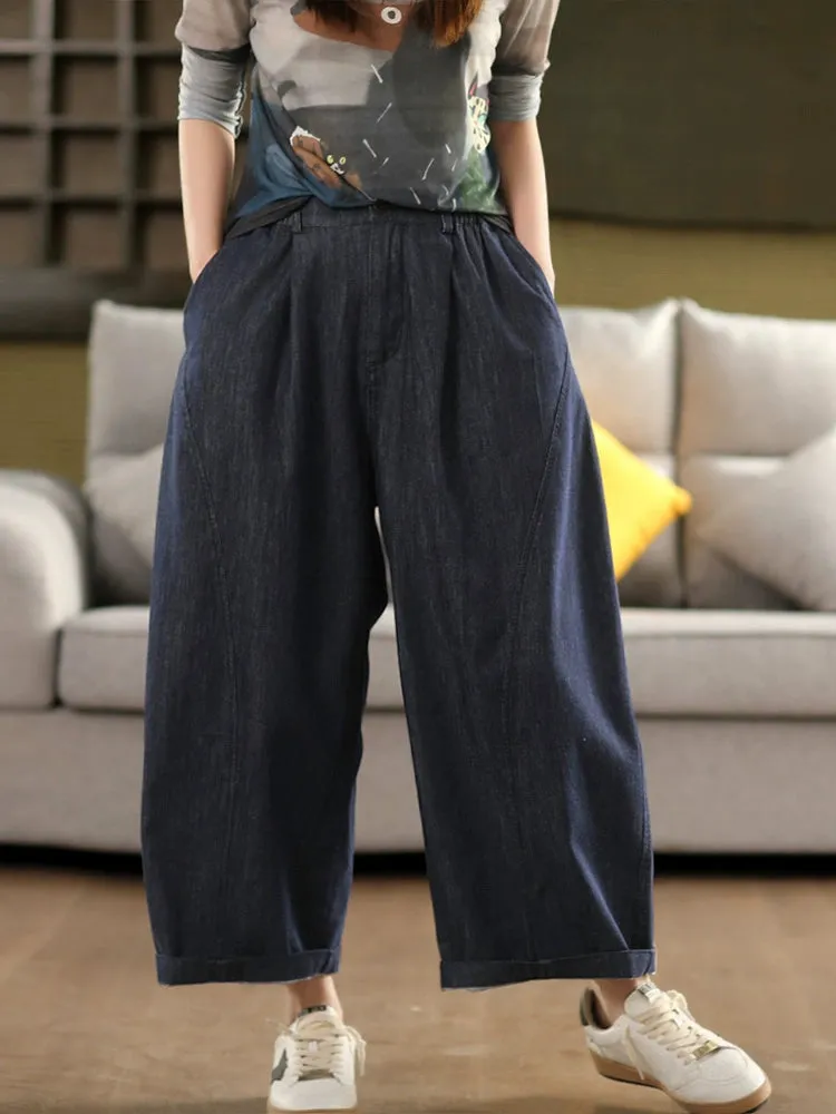 Women Vintage Cotton Loose Fit Denim Trousers Wide Leg Pants