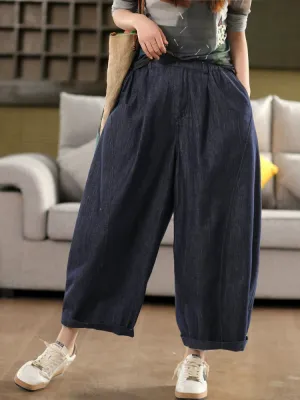 Women Vintage Cotton Loose Fit Denim Trousers Wide Leg Pants