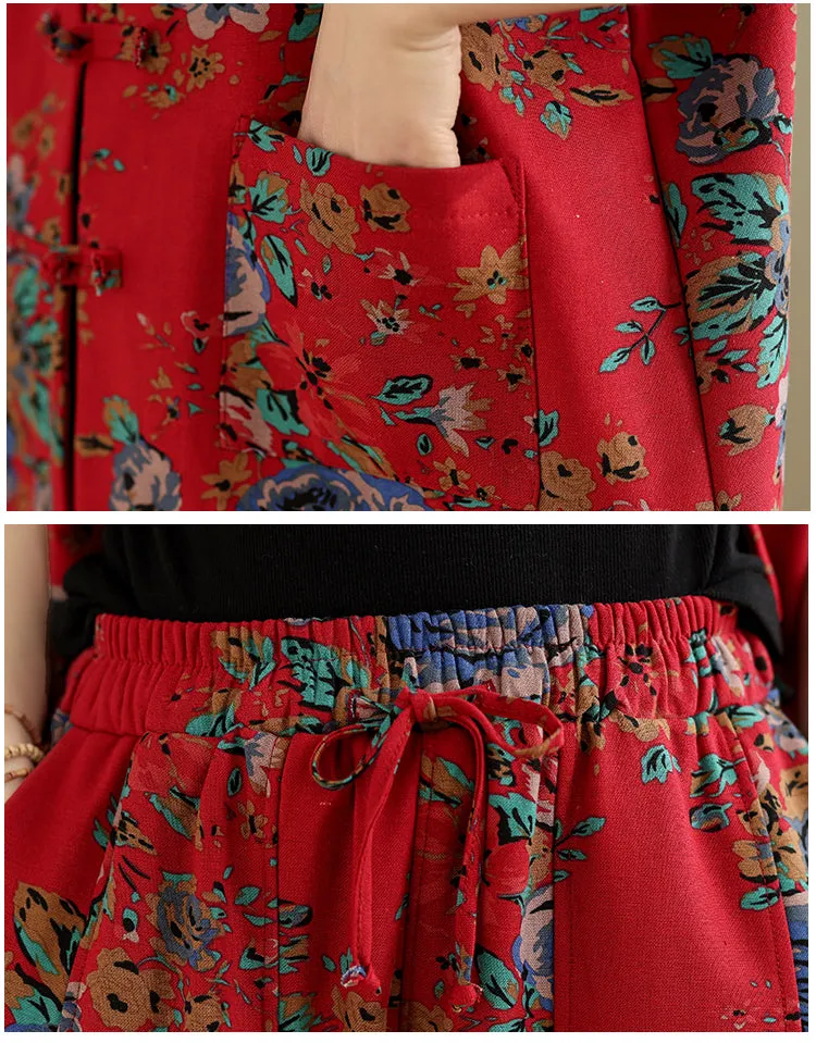 Women Winter Floral Ethnic Style Fleece-Lined Casual Pants