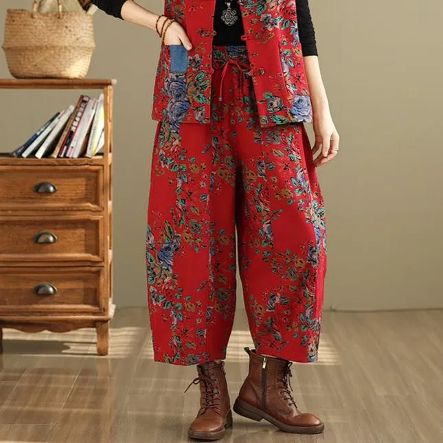 Women Winter Floral Ethnic Style Fleece-Lined Casual Pants