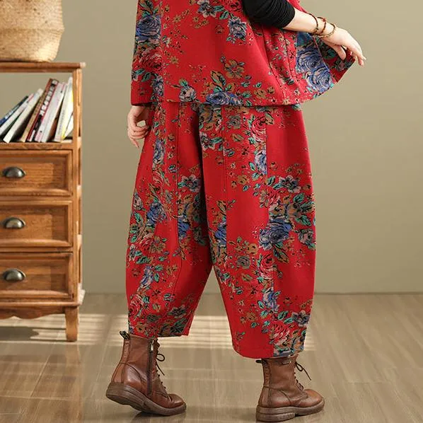 Women Winter Floral Ethnic Style Fleece-Lined Casual Pants