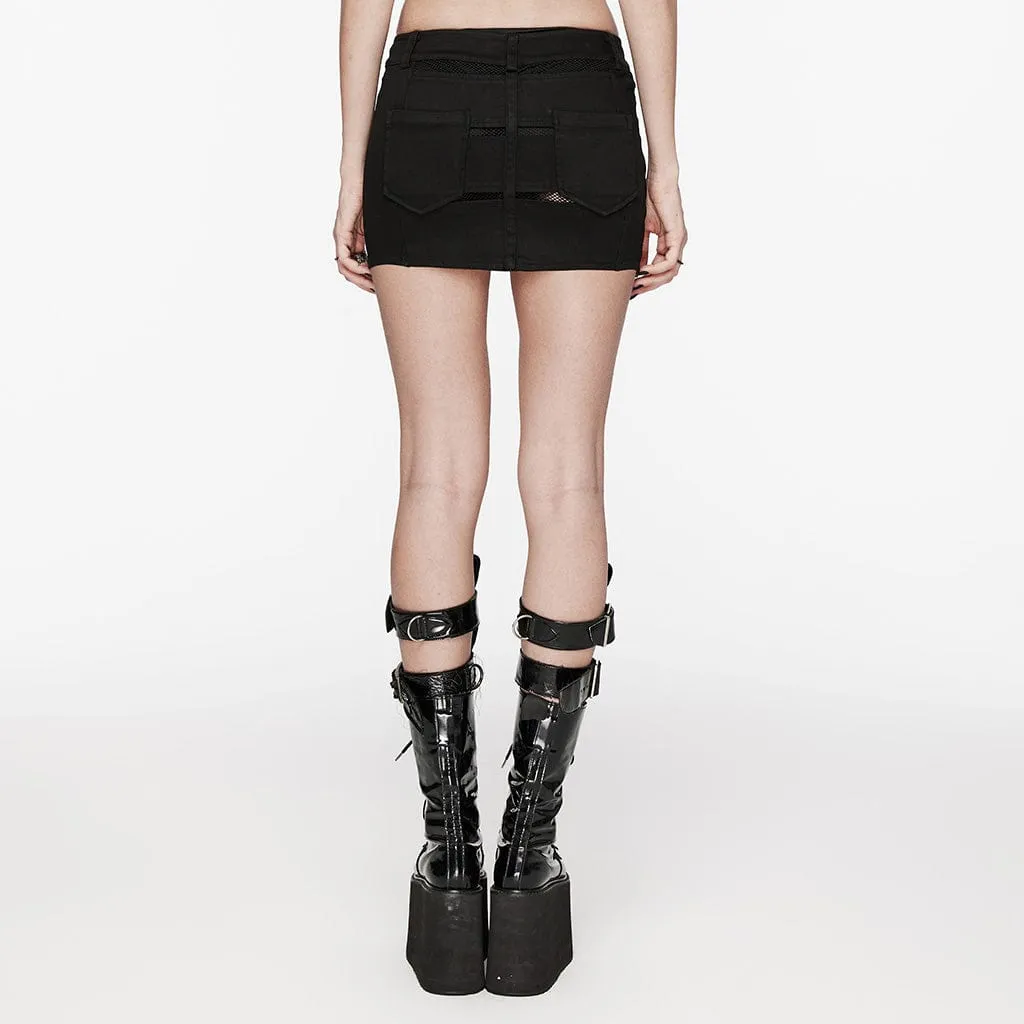 Women's Punk Mesh Splice Zipper Skirt Black