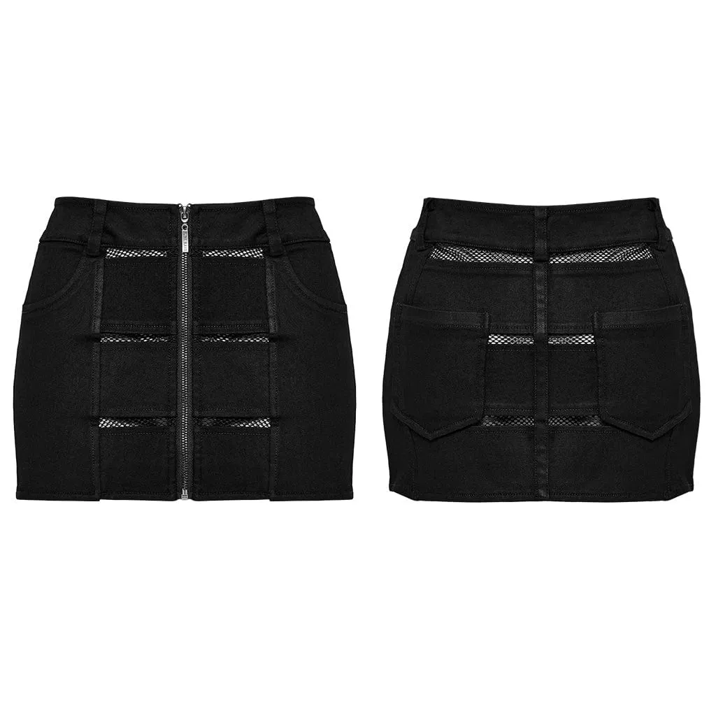 Women's Punk Mesh Splice Zipper Skirt Black