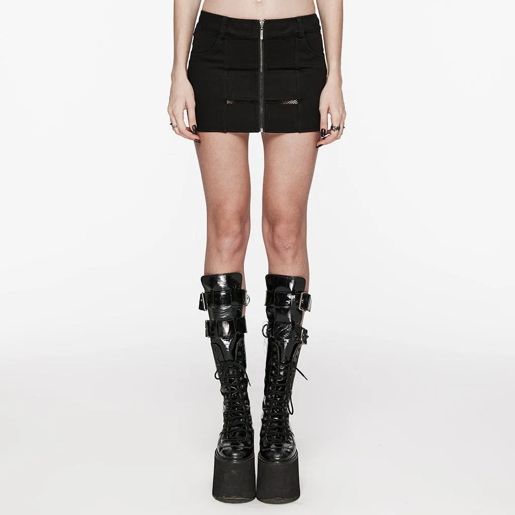 Women's Punk Mesh Splice Zipper Skirt Black