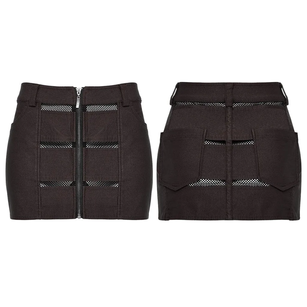 Women's Punk Mesh Splice Zipper Skirt Coffee