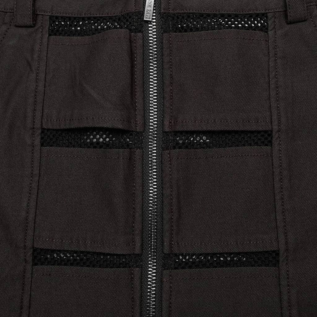 Women's Punk Mesh Splice Zipper Skirt Coffee